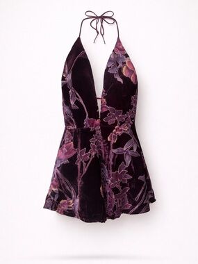 Burnout Velvet Floral Romper Jumpsuit Open Back, Adjustable Straps (Juniors L)